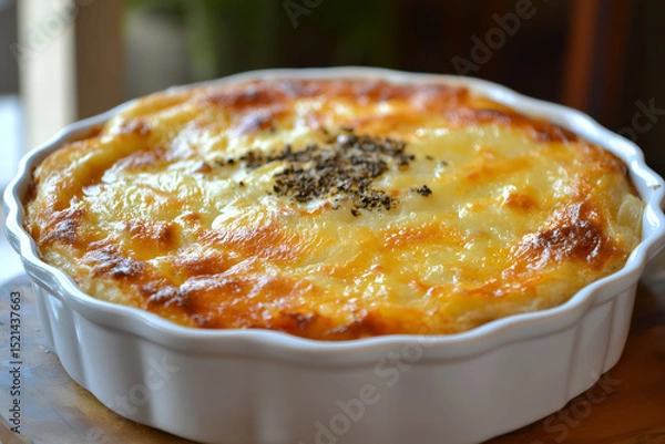Fototapeta A golden-baked chicken enchiladas casserole with melted cheese and red sauce, served in a white dish on a rustic table