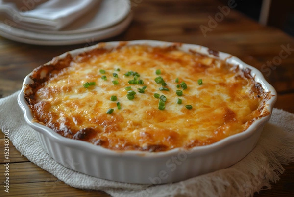 Fototapeta A golden-baked chicken enchiladas casserole with melted cheese and red sauce, served in a white dish on a rustic table