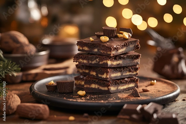 Fototapeta A decadent stack of peanut butter cup brownies, rich chocolate brownies with visible chunks of peanut butter cups