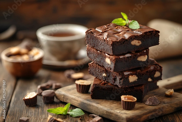 Fototapeta A decadent stack of peanut butter cup brownies, rich chocolate brownies with visible chunks of peanut butter cups