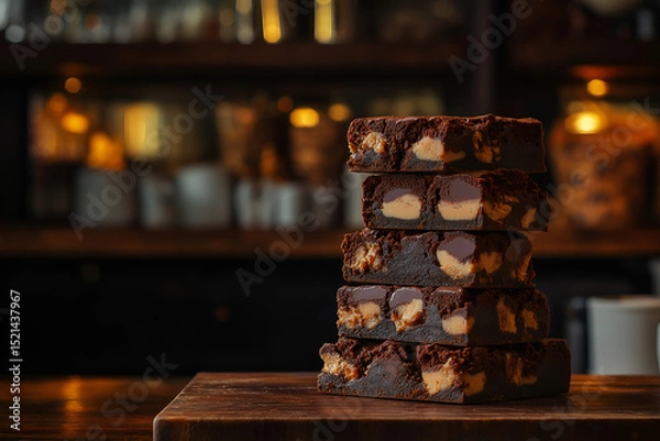 Fototapeta A decadent stack of peanut butter cup brownies, rich chocolate brownies with visible chunks of peanut butter cups