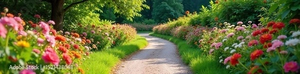 Obraz Winding garden path adorned with vibrant, blooming flowers and lush greenery, creating a picturesque and idyllic scene perfect for relaxation and tranquility , botanical, greenery, foliage