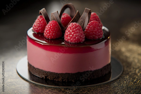 Fototapeta A rich chocolate raspberry cheesecake with glossy raspberries on top