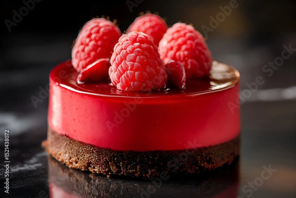 Fototapeta A rich chocolate raspberry cheesecake with glossy raspberries on top