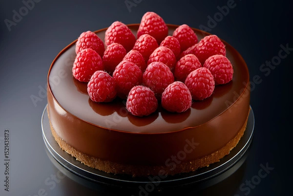 Fototapeta A rich chocolate raspberry cheesecake with glossy raspberries on top