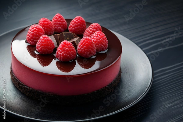 Fototapeta A rich chocolate raspberry cheesecake with glossy raspberries on top