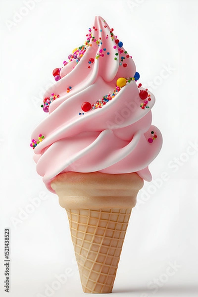 Fototapeta Ice cream cone with strawberry soft-serve, sprinkles, and candy on top, against a white background