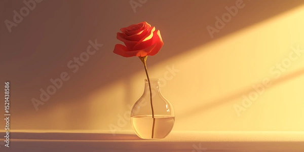 Fototapeta A single red rose in a clear glass vase, with soft light illuminating it from the side