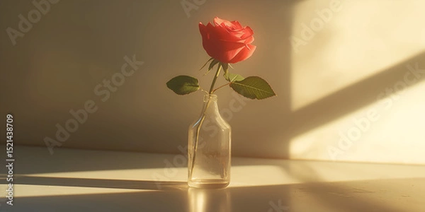Fototapeta A single red rose in a clear glass vase, with soft light illuminating it from the side