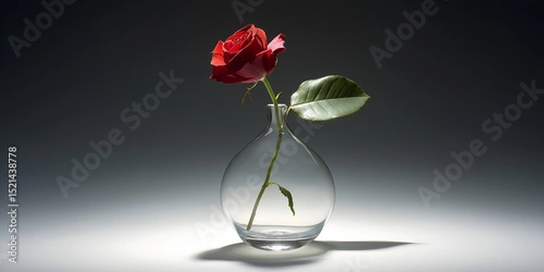Fototapeta A single red rose in a clear glass vase, with soft light illuminating it from the side