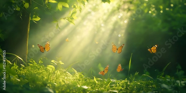Fototapeta A sunlit forest clearing with soft beams filtering through dense green leaves, butterflies fluttering above the grass