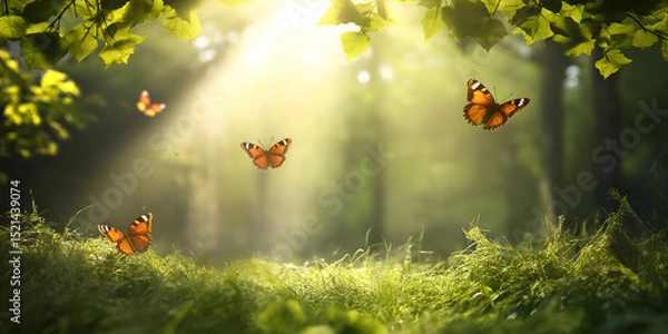 Fototapeta A sunlit forest clearing with soft beams filtering through dense green leaves, butterflies fluttering above the grass