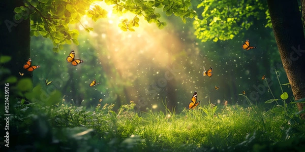 Fototapeta A sunlit forest clearing with soft beams filtering through dense green leaves, butterflies fluttering above the grass