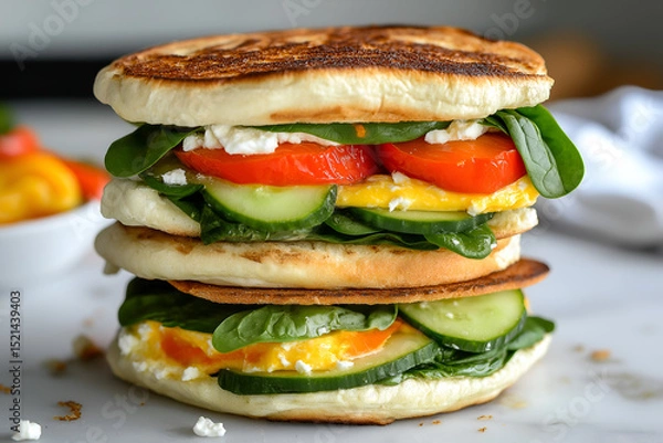 Fototapeta Mediterranean breakfast sandwiches stacked with spinach, cucumber, roasted red peppers, feta, sunny kitchen background, fresh and colorful presentation