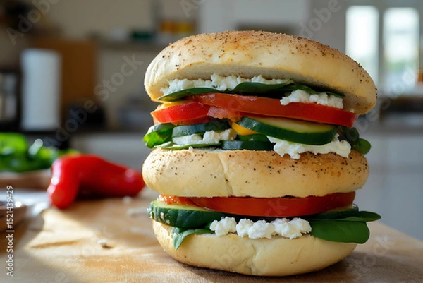 Fototapeta Mediterranean breakfast sandwiches stacked with spinach, cucumber, roasted red peppers, feta, sunny kitchen background, fresh and colorful presentation