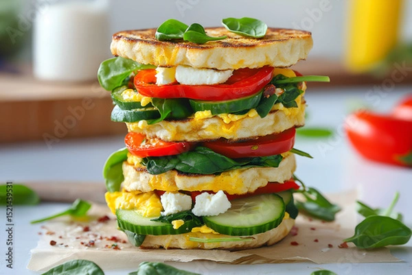 Fototapeta Mediterranean breakfast sandwiches stacked with spinach, cucumber, roasted red peppers, feta, sunny kitchen background, fresh and colorful presentation