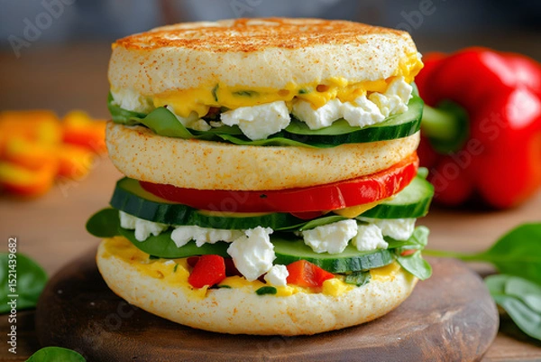Fototapeta Mediterranean breakfast sandwiches stacked with spinach, cucumber, roasted red peppers, feta, sunny kitchen background, fresh and colorful presentation