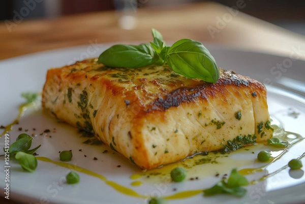 Fototapeta Pesto-crusted salmon fresh from oven, golden crust, basil garnish, white plate on wood table, soft kitchen lighting, shallow depth of field