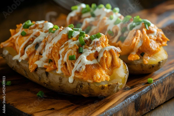Fototapeta Steaming baked russet potatoes split open, topped with shredded buffalo chicken, melted cheddar, ranch drizzle, green onions, rustic wooden plate, cozy lighting