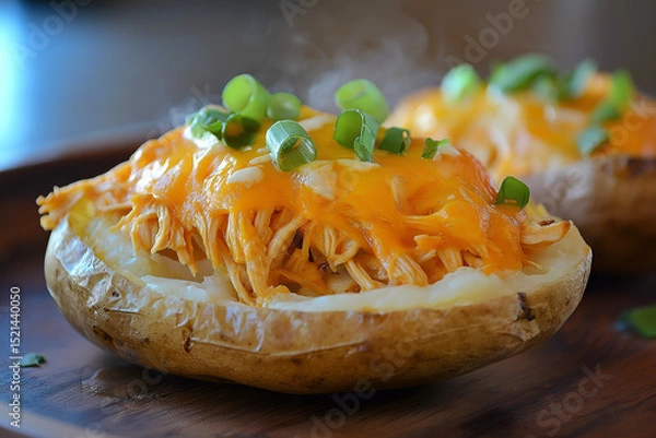 Fototapeta Steaming baked russet potatoes split open, topped with shredded buffalo chicken, melted cheddar, ranch drizzle, green onions, rustic wooden plate, cozy lighting