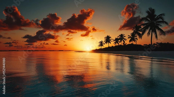 Fototapeta Sunset beach with palm tree, calm water, vibrant sky, tropical landscape, relaxing mood, reflection
