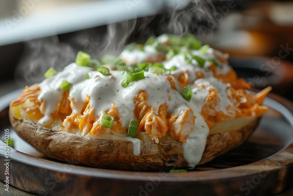 Fototapeta Steaming baked russet potatoes split open, topped with shredded buffalo chicken, melted cheddar, ranch drizzle, green onions, rustic wooden plate, cozy lighting