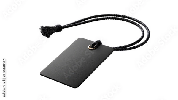 Obraz Elegant Black Tag with Cord: A sleek, minimalist tag hangs gracefully, suspended by a delicate cord with a subtle tassel, creating a sense of refined simplicity.