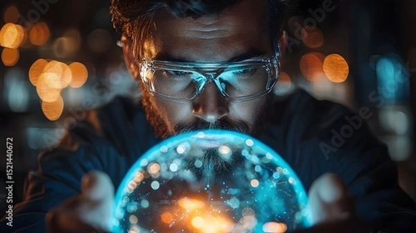 Fototapeta Futuristic scientist studying holographic climate data