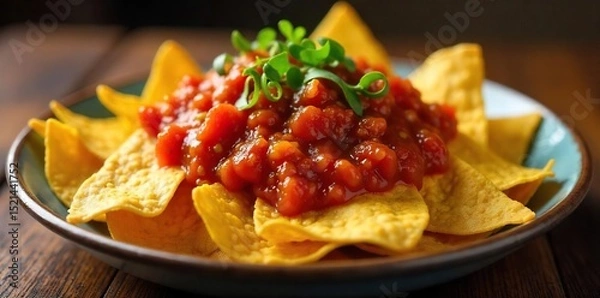 Obraz A generous serving of crispy tortilla chips piled high, generously topped with a vibrant, chunky tomato sauce Perfect for game day or a casual snack , tomato, mexican food