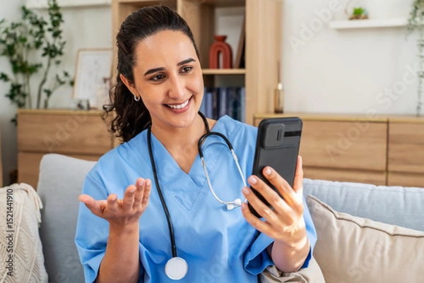 Obraz Nurse in scrubs or doctor is enjoying a friendly video call on her mobile phone with a patient or friend while sitting comfortably on a sofa. Her cheerful demeanor adds warmth to the cozy living room
