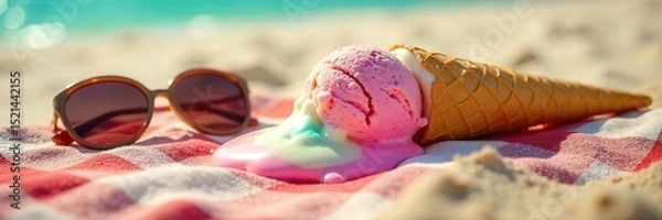 Obraz A melting ice cream cone drips onto a sunny beach towel, next to a pair of sunglasses The perfect summer mishap! A hilarious scene of sticky sweetness and sun-drenched fun , cone, tropical