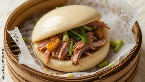 Fototapeta A fluffy Chinese bao bun with braised pork filling