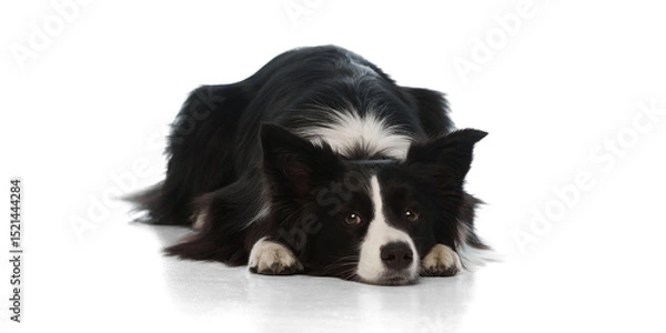 Fototapeta Purebred, cute Border collie dog lying flat with head on ground and sad eyes looking up against white studio background. Concept of domestic animals, canine, grooming and veterinary services.