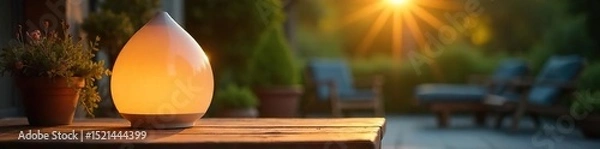 Obraz A stylish table lamp casts a warm, inviting glow on a sun-drenched patio, perfect for summer evenings Enjoy the ambiance and relaxed atmosphere , evening, sunset, warm light