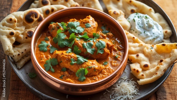 Fototapeta A spicy Indian butter chicken with naan bread