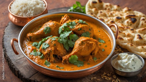 Fototapeta A spicy Indian butter chicken with naan bread