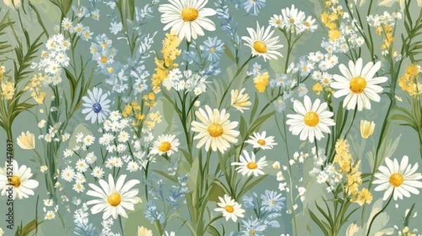Fototapeta Seamless pattern of daisies and wildflowers in shades of green, blue, yellow, and white, designed with pastel colors