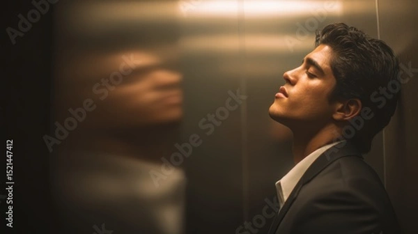 Fototapeta artistic professional photo of young Hispanic man in classic black suit, blurred elevator lobby background, perfect lighting, realistic and cinematic style