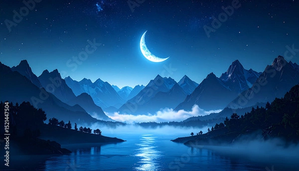 Fototapeta A surreal and dreamlike night landscape featuring glowing blue mist drifting between dark mountain peaks under a radiant crescent moon. sense of tranquility, fantasy, and mystery