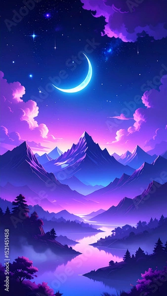 Fototapeta A surreal and dreamlike night landscape featuring glowing blue mist drifting between dark mountain peaks under a radiant crescent moon. sense of tranquility, fantasy, and mystery