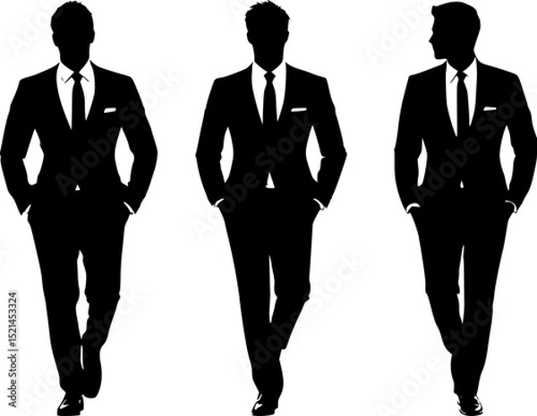 Fototapeta Three businessmen are walking forward with hands in pockets