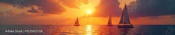 Obraz Dramatic sunset over a calm ocean with full sailboats at anchor, creating a picturesque nautical scene Perfect for travel, adventure, or nautical themed projects , picturesque, vibrant