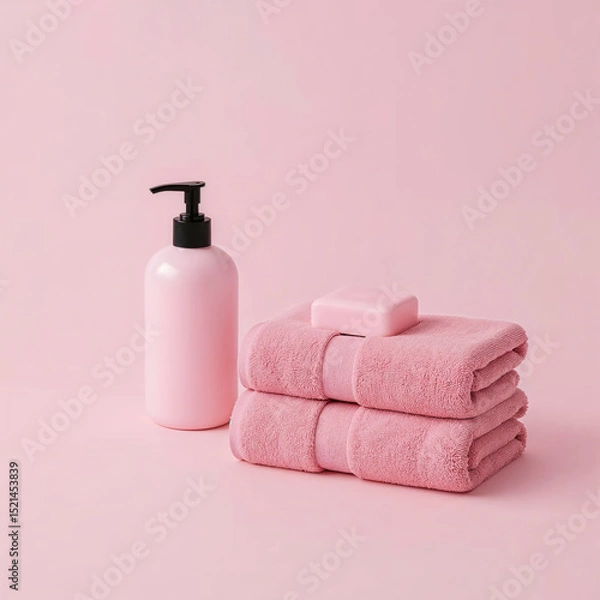 Fototapeta Minimalist Pink Bath Essentials - Folded Towels, Soap, and Dispenser on Pastel Background