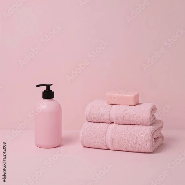 Fototapeta Minimalist Pink Bath Essentials - Folded Towels, Soap, and Dispenser on Pastel Background
