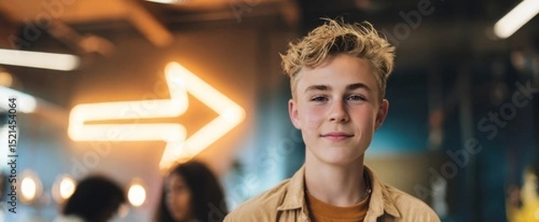 Fototapeta The confident teenager smiling in a modern, vibrant indoor setting