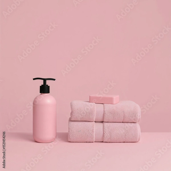 Fototapeta Minimalist Pink Bath Essentials - Folded Towels, Soap, and Dispenser on Pastel Background