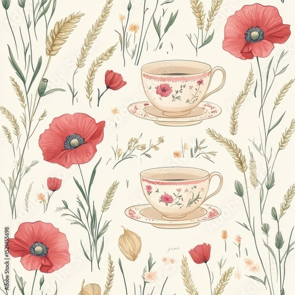 Fototapeta Elegant seamless pattern with the beautiful red poppy, tea cups, wheats and tiny leaves	