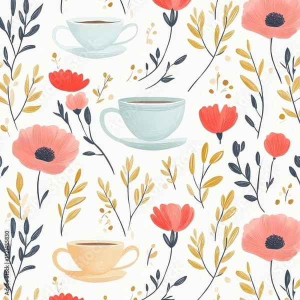 Fototapeta Elegant seamless pattern with the beautiful red poppy, tea cups, wheats and tiny leaves	