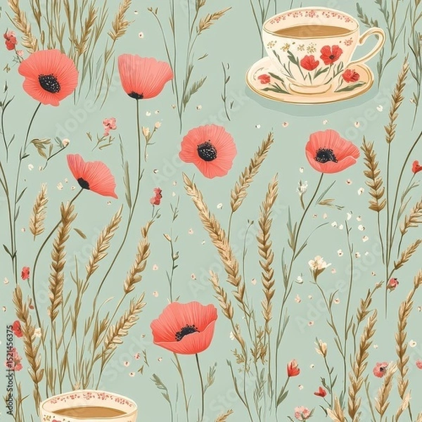 Fototapeta Elegant seamless pattern with the beautiful red poppy, tea cups, wheats and tiny leaves	