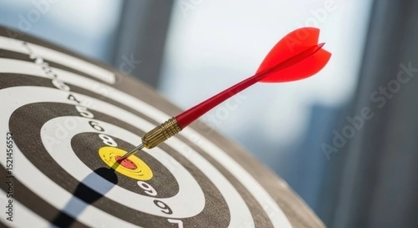 Obraz Red dart hitting the bullseye on a target board. Concept of achievement, goal setting, and success in business.
